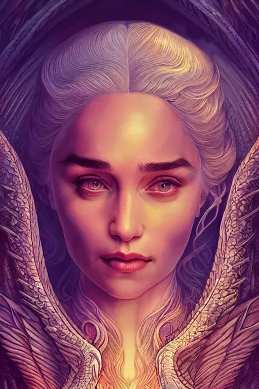 Image similar to beautiful, ethereal daenerys targaryen ( khaleesi ) portrait, art deco, fantasy, intricate art deco dragon designs, elegant, highly detailed fractals, fire background, sharp focus, game of thrones art by artgerm and beeple and greg rutkowski and wlop