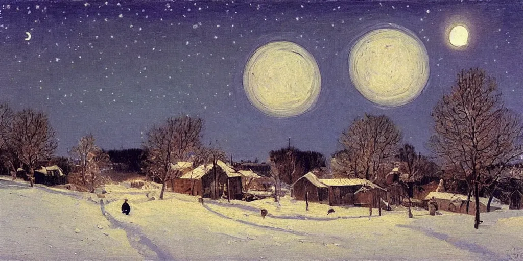 Image similar to a scene of a small rural russian village at night, stars, moon, wintertime, painting by isaac levitan