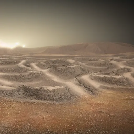 Prompt: hyperealistic render of a white bioremediation architecute in the mining tailings in atacama desert filled with stars at night, hazy and misty, magical feeling, uhd, high detail, corona render - h 5 7 6