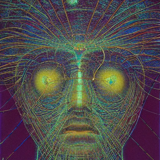 Image similar to an exhausted deity, contemplating existence, beyond the known universe, fine art, bokeh, omnidimensional, ocd, electroluminescent wire by wayne barlowe + jack davis + alex grey