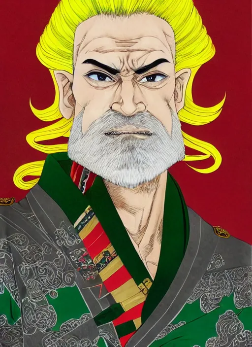 Image similar to half body portrait of a handsome muscular old mad with blonde hair and grey beard wearing and ornate red, green and gold trench coat. detailed, wearing kimono armour, by conrad roset, takato yomamoto, jesper ejsing, masamune shiro