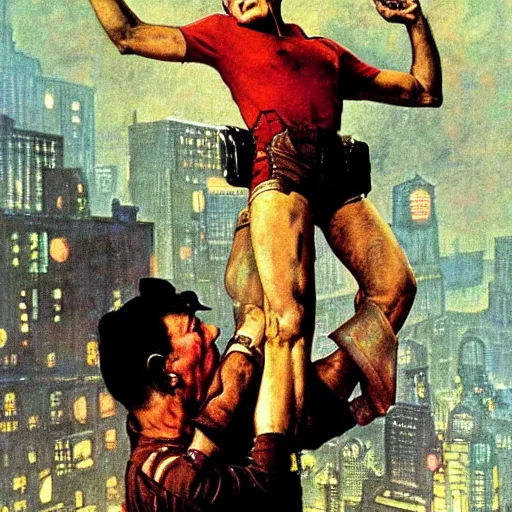 Prompt: the replicant sapper morton from blade runner lifts someonegrandmother above his head just to show how strong he is, painted by norman rockwell and tom lovell and frank schoonover