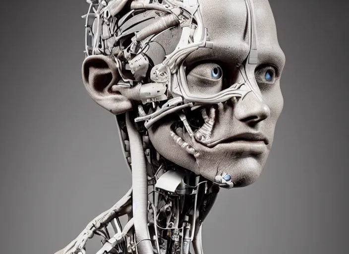 Image similar to a sculpture anatomical cyborg, bust , detailed face, studio lighting