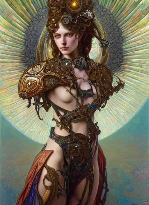 Image similar to hyper detailed masterpiece evil angel girl warrior by donato giancola and tom bagshaw, face by artgerm and edmund leighton, and alphonse mucha, trending on artstation, colorful, psychedelic aesthetic, ornate, background by gustav klimt, 8 k, biomechanical, majestic, volumetric lighting, porcelain skin, concept art, sharp focus