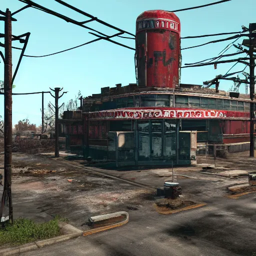 Image similar to nuka cola bottling plant, atlanta in ruins post - nuclear war in fallout 4, in game screenshot