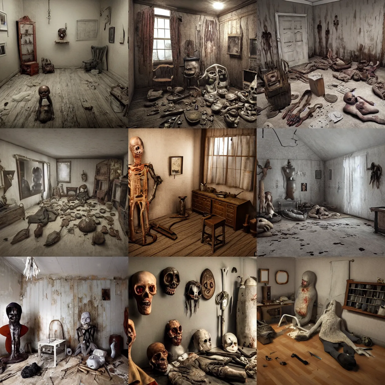 Prompt: a room full of unsettling creepy objects, photorealistic
