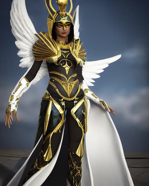 Image similar to smiling egyptian queen wearing white dove wings, warframe armor, regal, attractive, ornate, sultry, elize theron, pretty face, green eyes, scifi platform, 4 k, ultra realistic, epic lighting, illuminated, cinematic, black gold, art by akihito tsukushi, voidstar