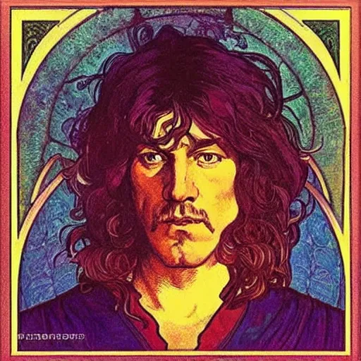 Image similar to “colorfull artwork by Franklin Booth and Alphonse Mucha and Moebius showing a portrait of Young Robert Plant”