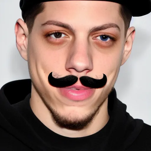 Image similar to pete davidson with a mustache and a black baseball hat, closeup photo