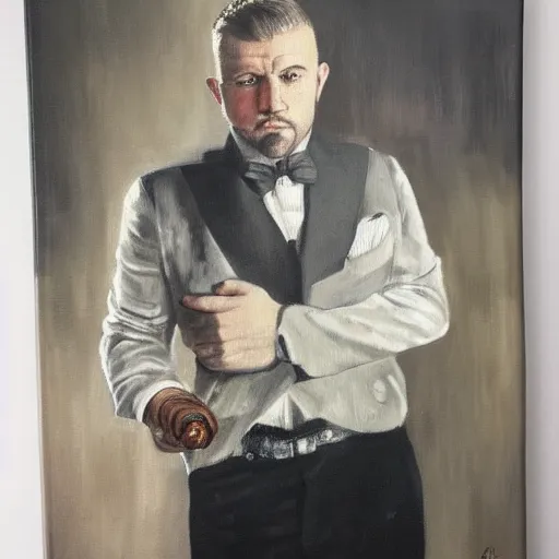 Prompt: a close - up canvas painting of a realistic gangster irish man with a fade haircut, lighting a cigar, wearing a suit, bowtie, and ring, highly detailed