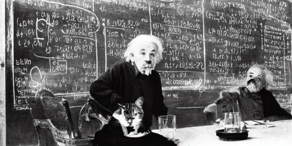 Prompt: old black and white photo of a cat solving M=mc2 on the blackboard in the background, with Albert Einstein eating a bowl of noodles in the Foreground, funny, ironic, silly