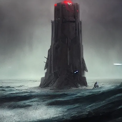 Image similar to star wars concept art by greg rutkowski, a brutalist giant tower in the middle of a raging and stormy ocean, lightning storm and gale force winds, dark environment, dramatic atmosphere, artstation hq.