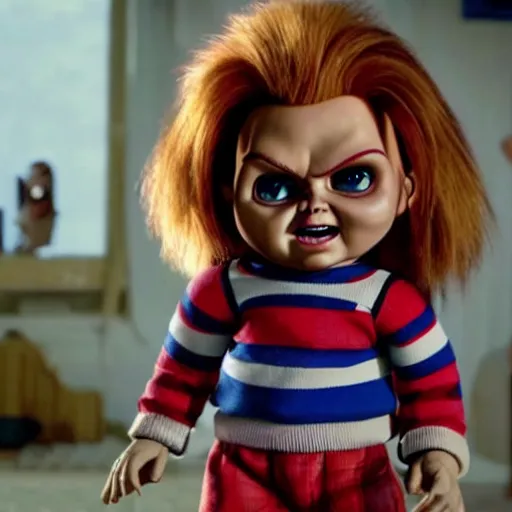 Image similar to stunning awe inspiring chucky the killer doll pixar movie, movie still 8 k hdr atmospheric lighting