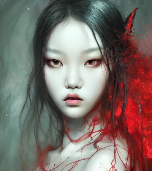 Prompt: a beautiful terrifying ghost portrait jennie blackpink black eyes twisted trees, floating cloth whirlpool, red butterfly hard lighting ethereal horror fantasy art by and hajime sorayama raymond swanland and monet, ruan jia, by wlop, 4 k hd artstation concept art greyscale octane