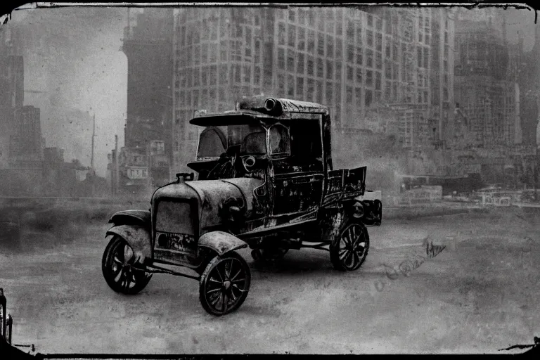 Image similar to cyberpunk 1 9 0 8 model ford t by paul lehr, metropolis, view over city, vintage film photo, scratched photo, scanned in, old photobook, silent movie, black and white photo