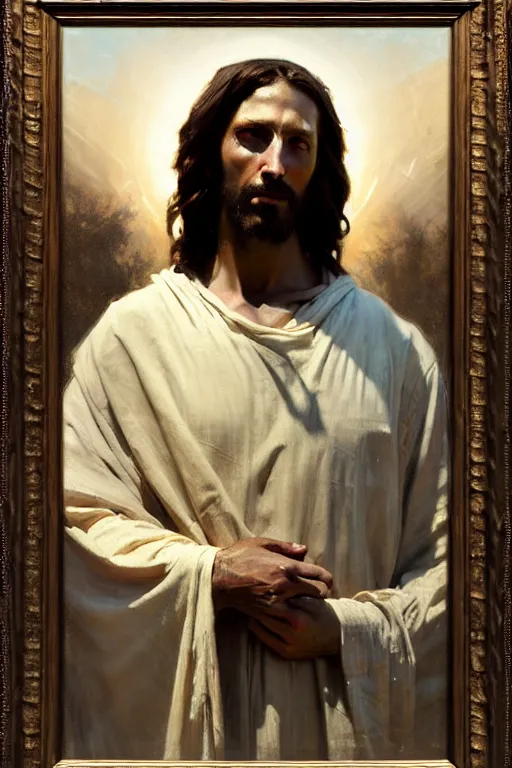 Image similar to photograph imax and solomon joseph solomon and richard schmid and jeremy lipking victorian loose genre loose painting full length portrait painting of jesus