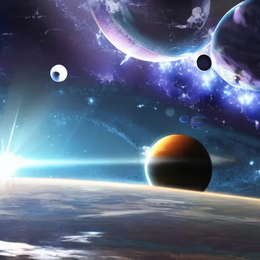 Image similar to anime style hd wallpaper of outer space with a view of a planet below