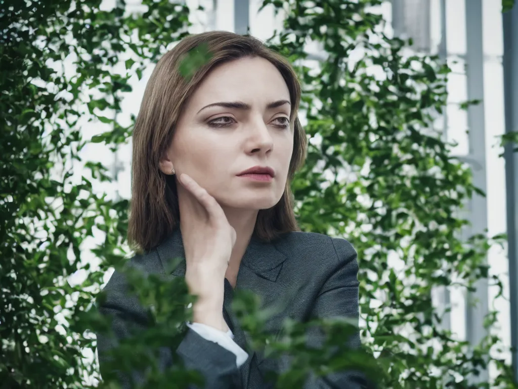 Image similar to woman thinking deeply, close up, head tilted wearing office suit, portrait pose beside window, green foliage in background, bokeh, backlighting, stock photo, 4k, octane render, photorealistic