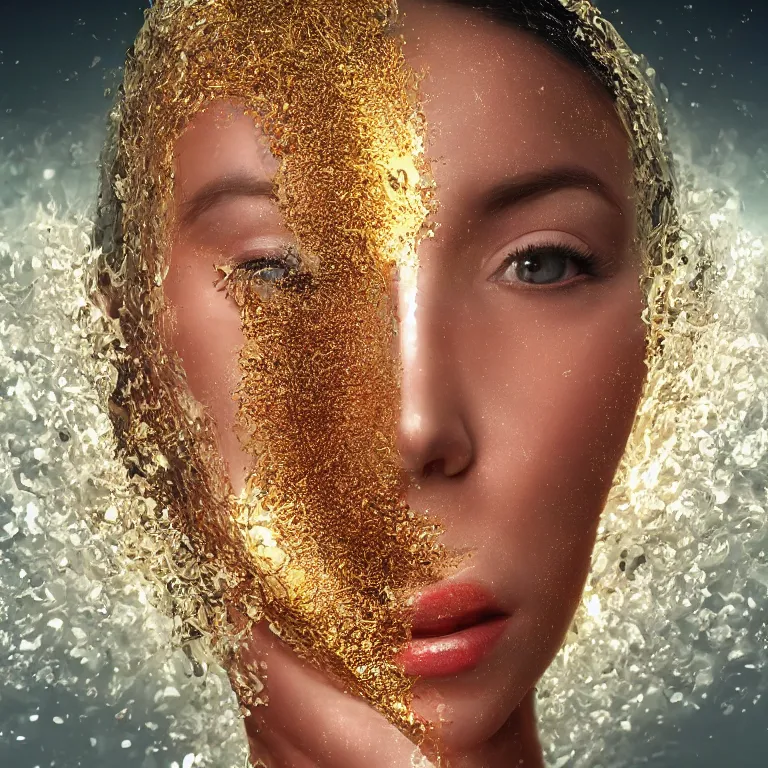 Prompt: octane render portrait by wayne barlow and carlo crivelli and glenn fabry, the ultra - sharp smooth perfect symmetrical face of a beautiful woman inside a giant massive wave of liquid gold and jewels, cinema 4 d, ray traced lighting, very short depth of field, bokeh