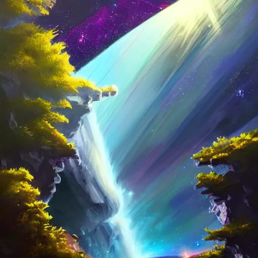 Prompt: !! waterfall !! in asteroid field, purplish blueish space with stars in background, ultra detailed, high quality, artstation award winner, oil painting, digital painting, 8k, vibrant, ultra detailed water