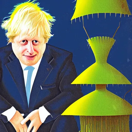 Prompt: Illustration of Boris Johnson, sat in a lounge on his own, wearing a birthday party hat and crying by Roger Dean