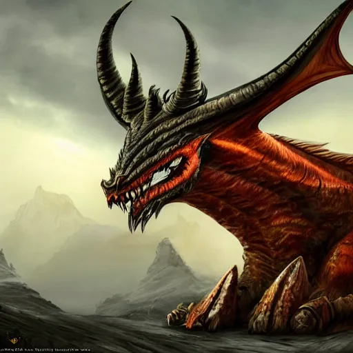 Image similar to a matte painting of a dragon, Piercing amber eyes sit low within the creature's narrow, horned skull, which gives the creature a vicious looking appearance. One enormous central horn sit atop its head, just above its enormous, curved ears. Small fan-like skin and bone structures runs down the sides of each of its jaw lines. Its nose is pointy and has two short, curved nostrils and there are small crystal growths on its chin. Several rows of large teeth poke out from the side of its mouth and give a preview of the terror hiding inside.