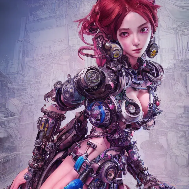 Image similar to the portrait of true neutral semi - colorful female cyborg mechanist as absurdly beautiful, gorgeous, elegant, young gravure idol, an ultrafine hyperdetailed illustration by kim jung gi, irakli nadar, intricate linework, bright colors, octopath traveler, final fantasy, unreal engine 5 highly rendered, global illumination, radiant light, detailed and intricate environment