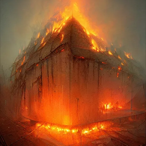 Prompt: unknown creature destroys building in flames, highly detailed, digital image, artstation concept art, smooth, sharp focus, artgerm, alphonse fly, photorealistic by beksinski