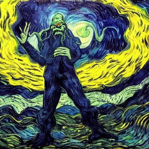 Prompt: Man sees Cthulhu coming from the night sky of a city, oil painting, illustrated by Vincent van Gogh