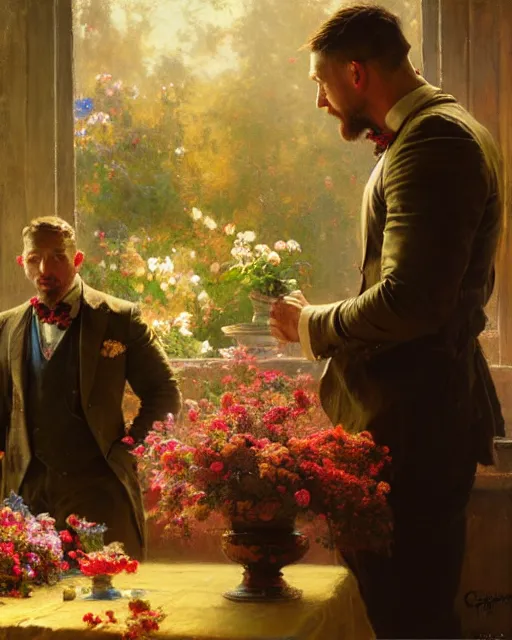 Image similar to tom hardy admiring a table full of flowers, golden hour painting by gaston bussiere, craig mullins, j. c. leyendecker