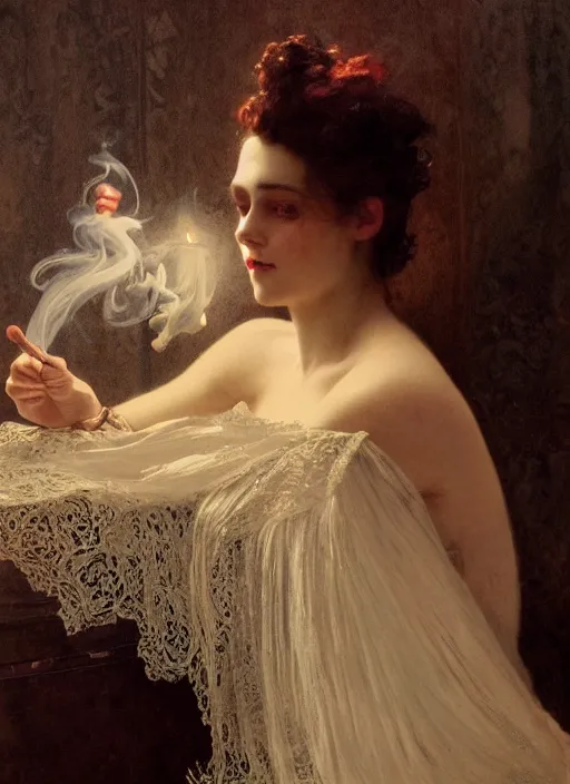 Image similar to a romantic photo of a woman in a dark room wearing lace smoking a cigarette advertisement photography by mucha, nick alm, norman rockwell, greg rutkowski, greg manchess, ethereal, dark, candlelight, pagan, extremely coherent, sharp focus, elegant, sharp features, render, octane, detailed, award winning photography, masterpiece, rim lit