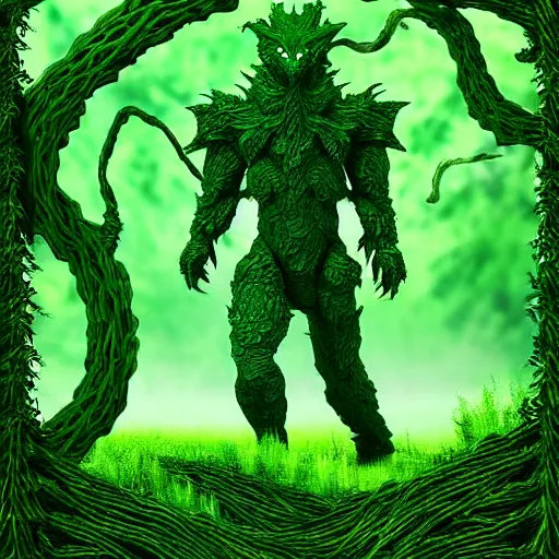 Prompt: Green Western Dragon Golem Made of Thick Green Vines Is Protecting Magical Garden Surrounded by Trees, Large Clearing in the Middle of a Forest, Digital Art