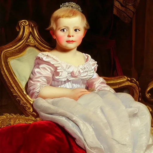 Image similar to portrait of a donald trump as a german toddler princess sitting down in a silk lavender gown, circa 1 8 3 7, by carl joseph begas, highly detailed, beautiful, oil on canvas, 1 8 3 0 s, romanticism