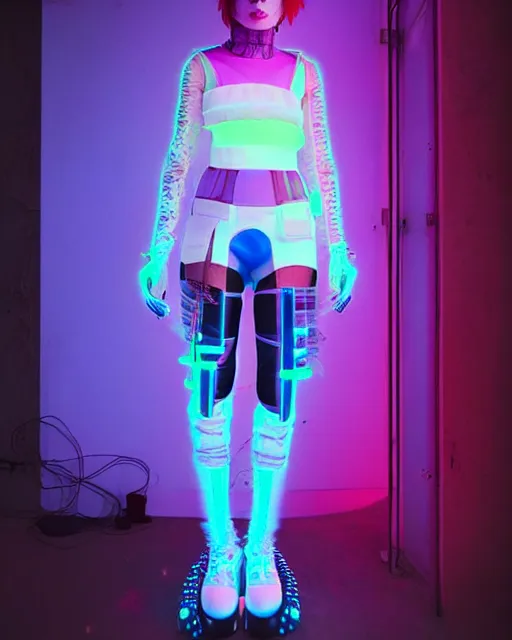 Prompt: full body shot of young punk woman dressed in futuristic cyberpunk clothing, colorful, night, soft neon light, bjork aesthetic, translucent, by rineke dijkstra and artgerm, intricate details, highly detailed, masterpiece, 8 5 mm