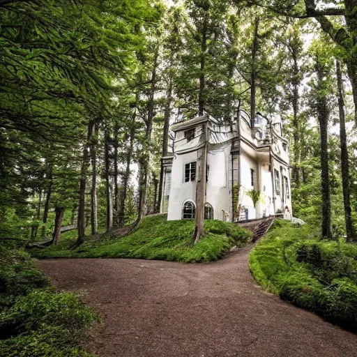 Image similar to a 3 story hunted mansion on a giant hill, winding path, forest.