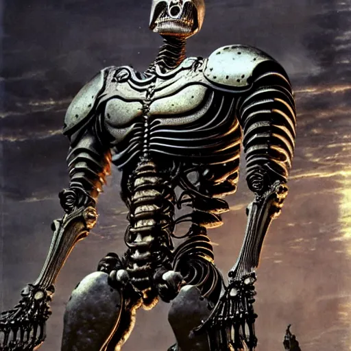 Image similar to still frame from Prometheus movie by giger, necron lord editorial by Malczewski, biomechanical armoured knight by Wayne Barlowe, ornate elaborate complex artifact of death