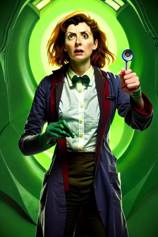 Image similar to doctor who, woman, as a mad dentist, on a plain green background, art by artgerm and greg rutkowski and alphonse mucha