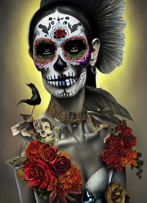 Prompt: dia de los muertos theme surrealist art in the styles of igor morski, jim warren, and giuseppe mastromatteo, intricate, hyperrealistic, accurate facial details, profile picture with chromakey!!!!! background, volumetric lighting