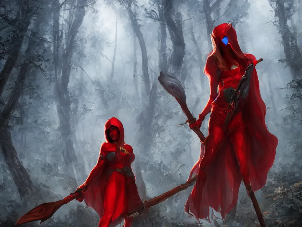 Prompt: a single girl in a red hood with a twohanded axe in deep mystical forest. award winning. dramatic. trending on artstation. style by victor hugo queiroz and jim burns. high quality