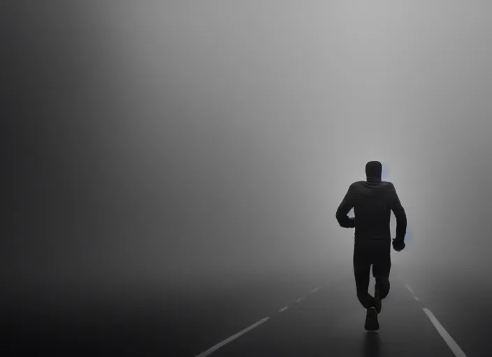 Image similar to a man runs away from the light, fog, rain, volumetric lighting, beautiful, mystique, golden hour, sharp focus, ultra detailed, concept art, jan urschel, dylan cole, noir art house, 4 k, 3 5 mm, fujifilm