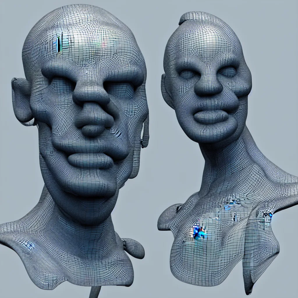 Image similar to 3 d render of a wireframe of a melted human head, sculpture, chrometype, liquid metal, neotribal, raytraced, volumetric lightning, 8 k, by zhelong xu, tooth wu, wlop, ouchh and and innate studio