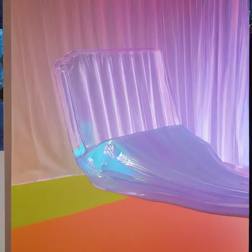 Prompt: a pastel colour high fidelity wide angle Polaroid art photo from a holiday album at a spa retreat with abstract inflatable parachute furniture, all objects made of transparent iridescent Perspex and metallic silver, no people, iridescence, nostalgic