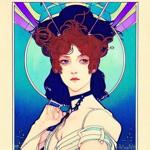 Prompt: hydrogen. beautiful, realistic symmetrical portrait painting by mucha and kuvshinov and bilibin. synthwave watercolor, thick linings, manga, soviet realism. blue color scheme