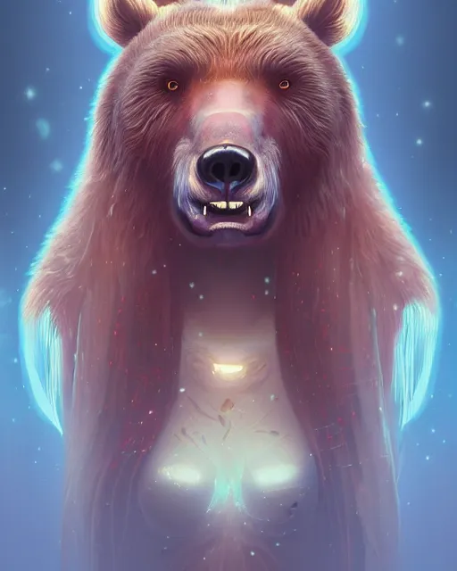 Prompt: portrait of a cute female bear, bioluminescent, veins, horror, happy, highly detailed, digital painting, cinematic, hyperrealism, dark retrowave, art by stanley lau and artgerm and magali villeneuve and alphonse mucha, artstation, octane render, cgsociety