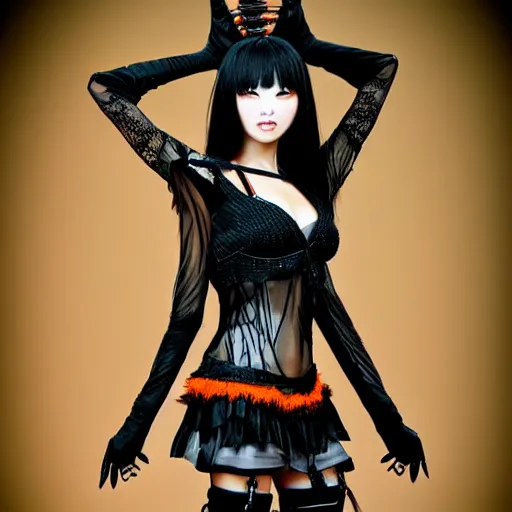 Prompt: a beautiful Chinese female model wearing a cybergothic outfit with black and orange hair