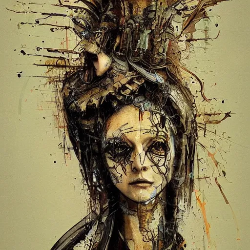 Prompt: woman wearing gown made of mech mask rendered in unreal engine, cyberpunk, rave, scifi, painted by albrecht durer | bernard buffet | carne griffiths | wlop