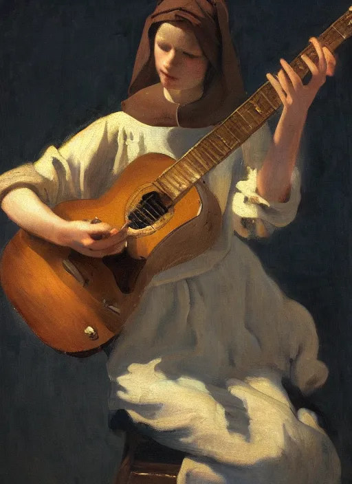 Image similar to medium shot, cinematic, cute 3 d concept art spider playing the guitar, soft lighting, by john ward, by arthur walker, by vermeer, by monet, oil on canvas, royal academy, masterpiece, trending on artstation, cinematic composition, dramatic pose, beautiful lighting, sharp, details, hyper - detailed, hd