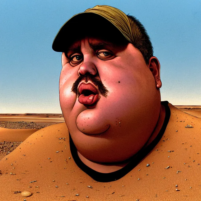 Prompt: hyperrealistic mixed media portrait of a moridly obese man using an ATM machine in the middle of a barren desert wasteland, despair, depressing and hopeless vibe, stunning 3d render inspired art by P. Craig Russell and Barry Windsor-Smith + perfect facial symmetry + dim volumetric lighting, 8k octane beautifully detailed render, post-processing, extremely hyperdetailed, epic composition, grim yet sparkling atmosphere, cinematic lighting + masterpiece, trending on artstation