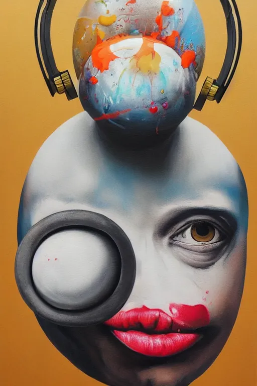 Image similar to hyperrealism surrealism acrylic painting, aerosol splashes on paper, close - up portrait of bowling ball - with big headphones and a mime sweater art by jeff soto