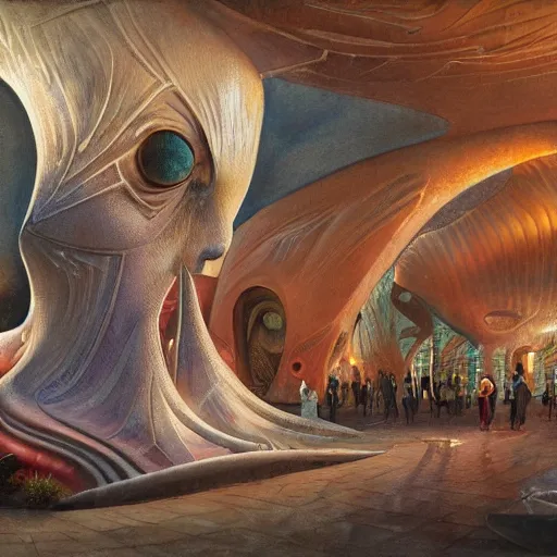 Image similar to detailed face of a woman with opalescent eyes in a biomorphic courtyard with dna sculptures at a science expo, atmospheric, ambient, pj crook, syd mead, livia prima, artgerm, greg rutkowski, nick alm, casey baugh